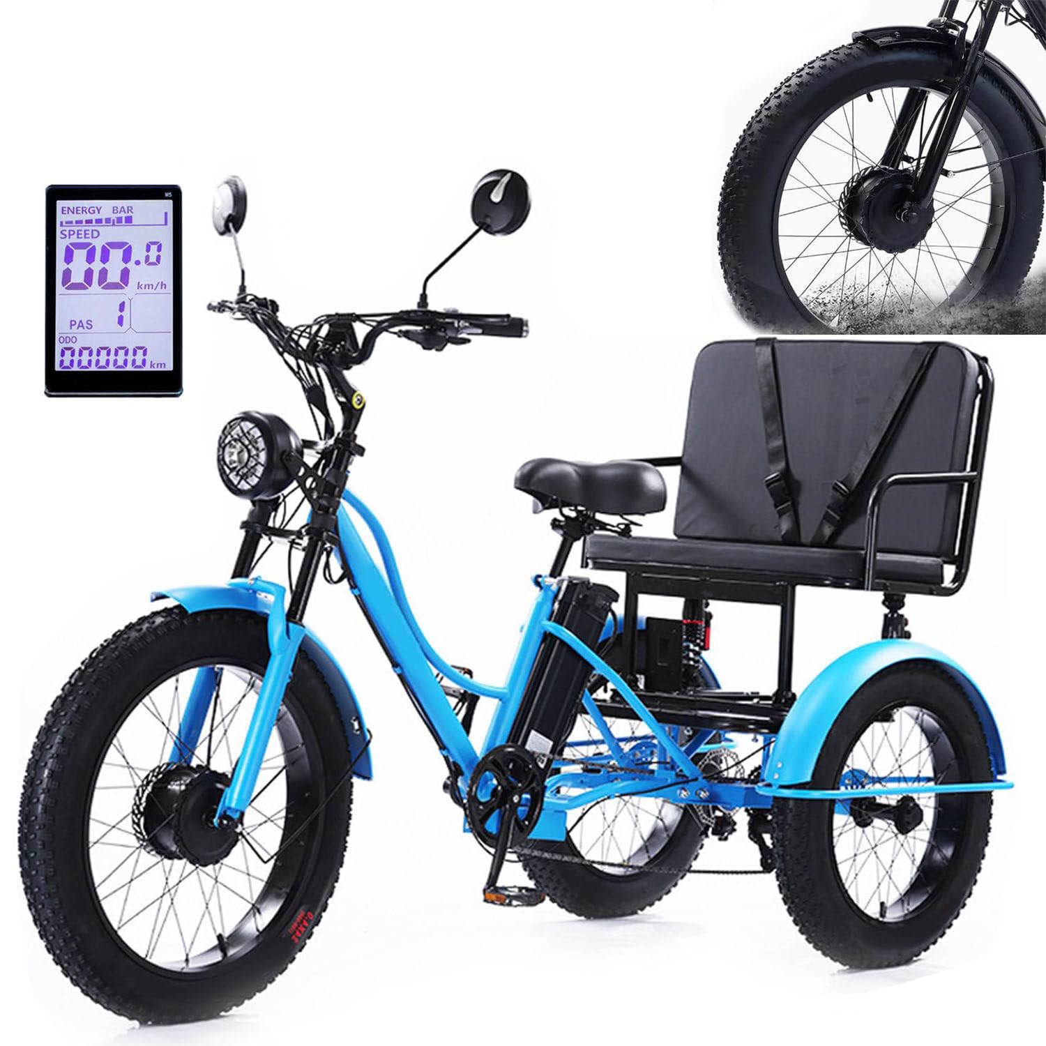 Triciclo elettrico 3 ruote per adulti, portata massima 150 kg, ideale per shopping e picnic.
