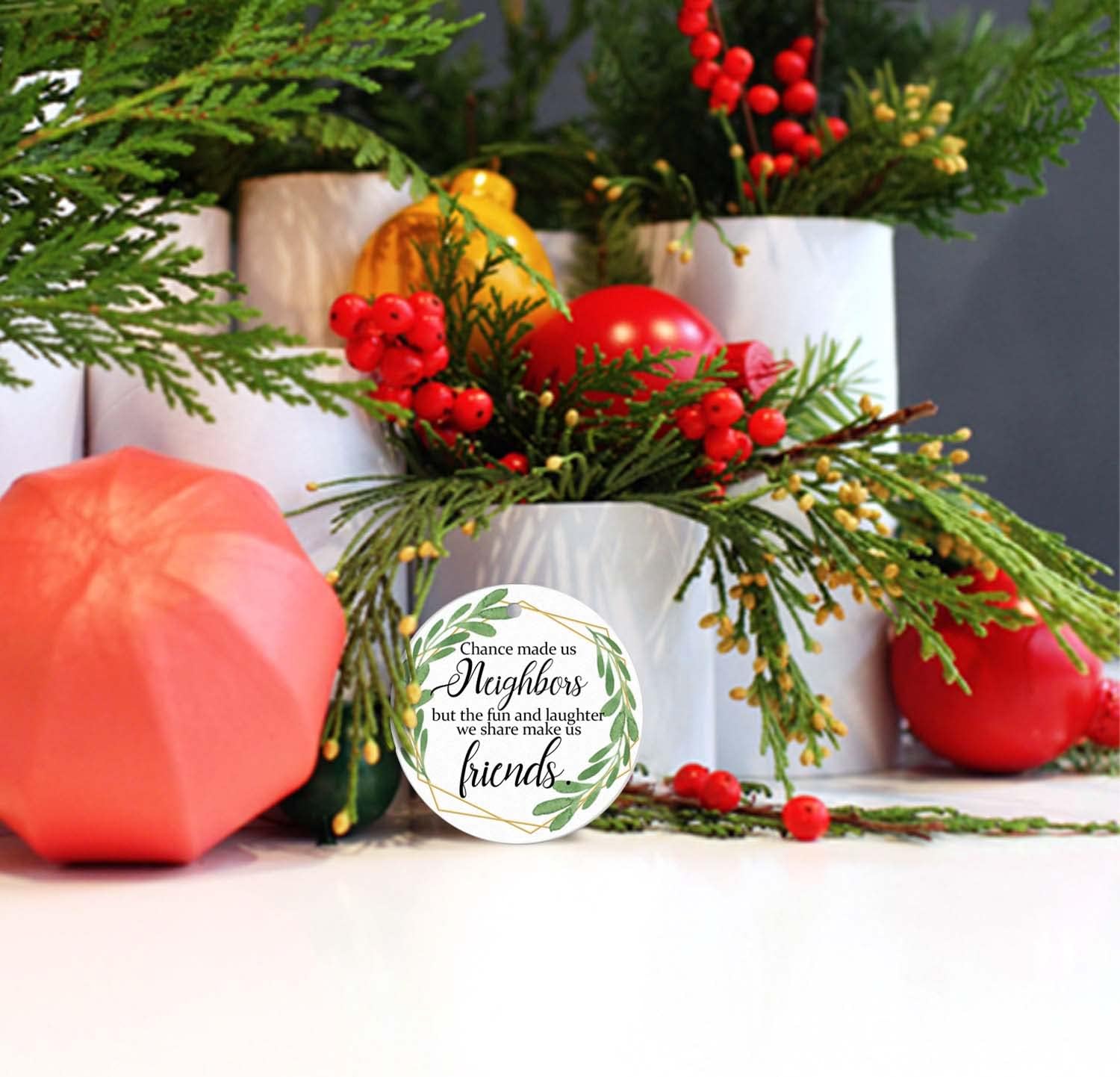 Christmas Ornaments 2025-Gift for Neighbors Friendship Pendant Chance Made Us Neighbors Keepsake Holiday Present Xmas Tree Decorations Round Ceramic Ornament 3In - Image 2