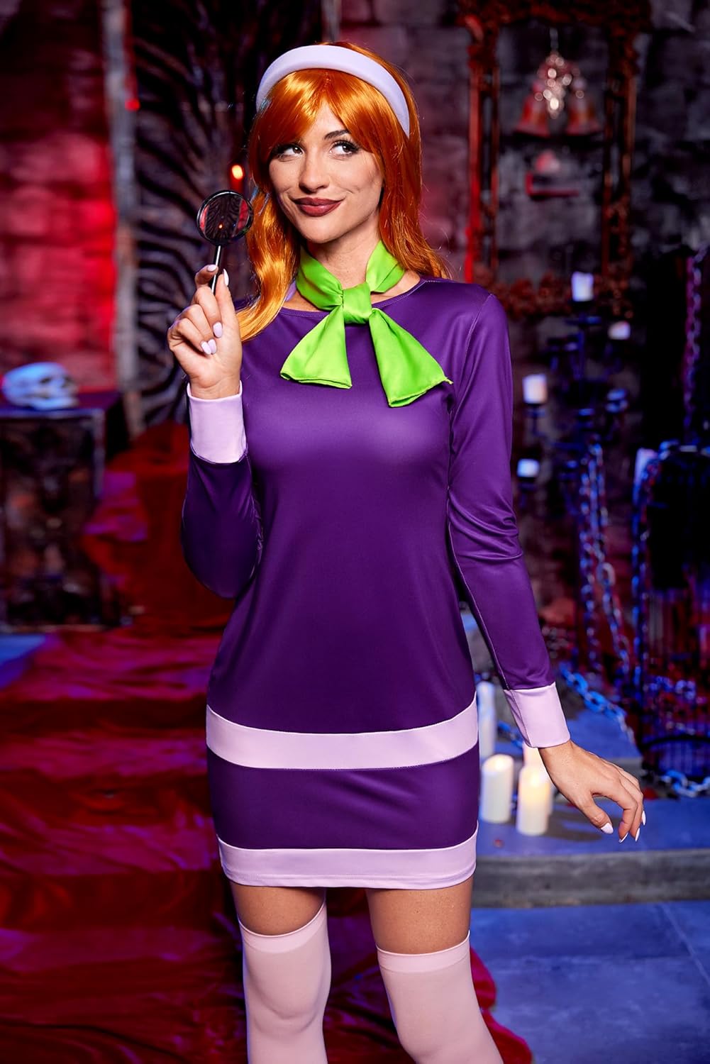 For G and PL 6 Pcs Women Halloween Costume Sets Purple Long Sleeve Party Mini Dress with Headband Scarf XS-2XL - Image 2