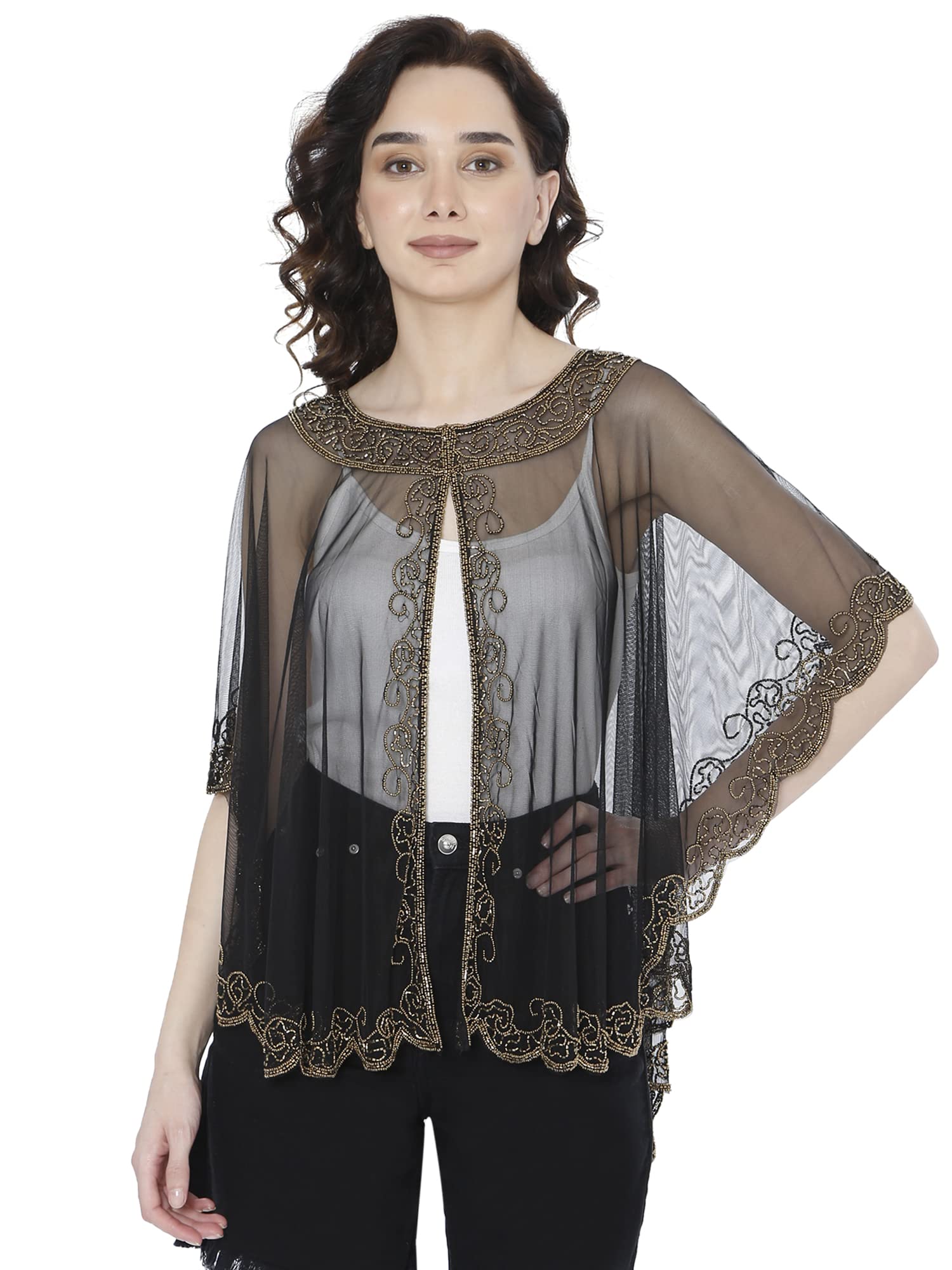 matelco Women's Long Poncho With Beads Embroidery-picture-24