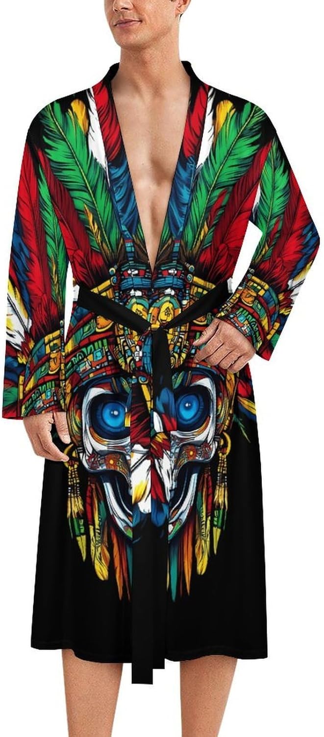 Aztec Mayan Skull Mens Robe Long Bathrobe for Women Bath Robes Lightweight Soft Printed Sleepwear