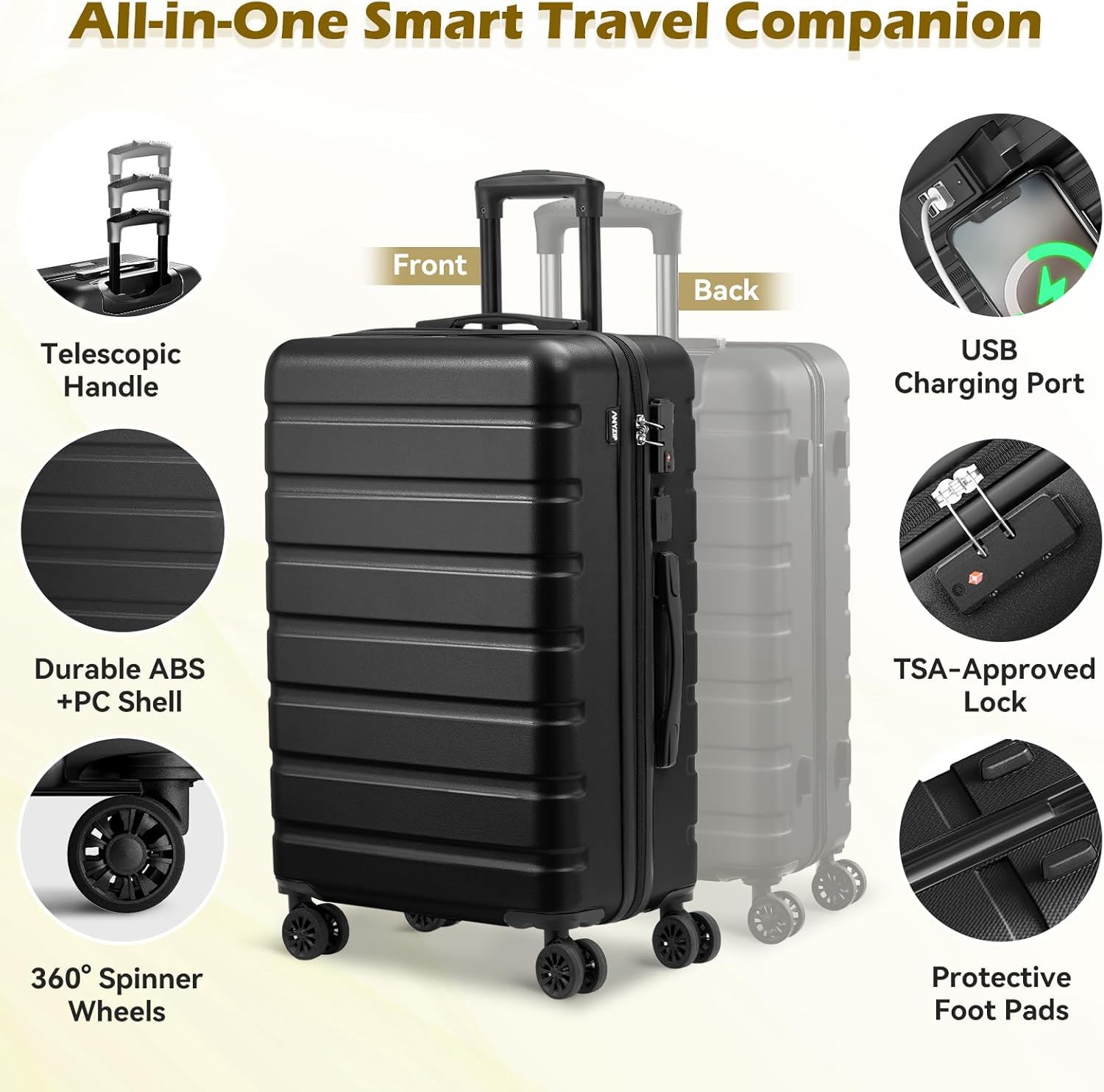 AnyZip Suitcase Hardside PC ABS Lightweight USB Luggage with Wheels TSA Lock Checked-Medium 24 Inch Black