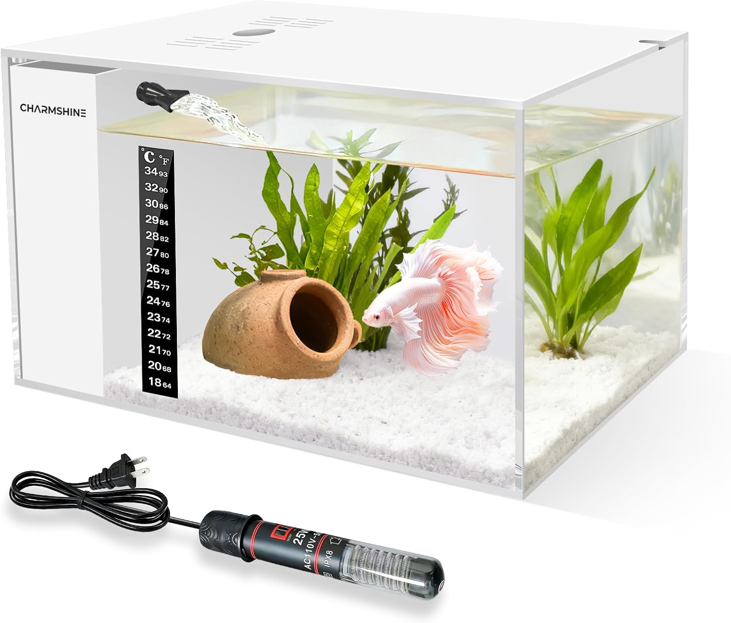 Fish Tank Betta 2.5 Gallon Desktop Small Aquarium Kit with 25W Heater LED Light and Mini Water Pump & Filter Media Compact Aquarium for Betta Fish, Shrimp(White