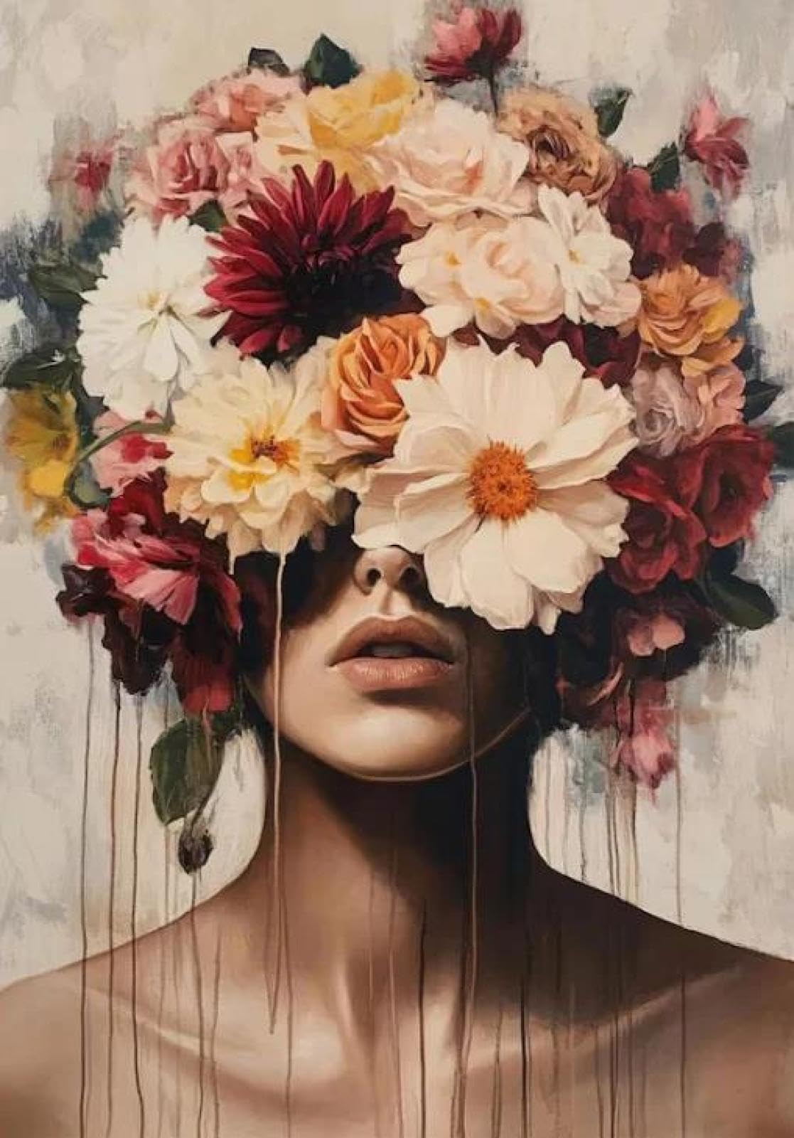 Yocheng Floral Portrait Female Poster Print Abstract Luxury Floral Face Art Canvas Painting Living Room Home Decor 40x50cm No Frame