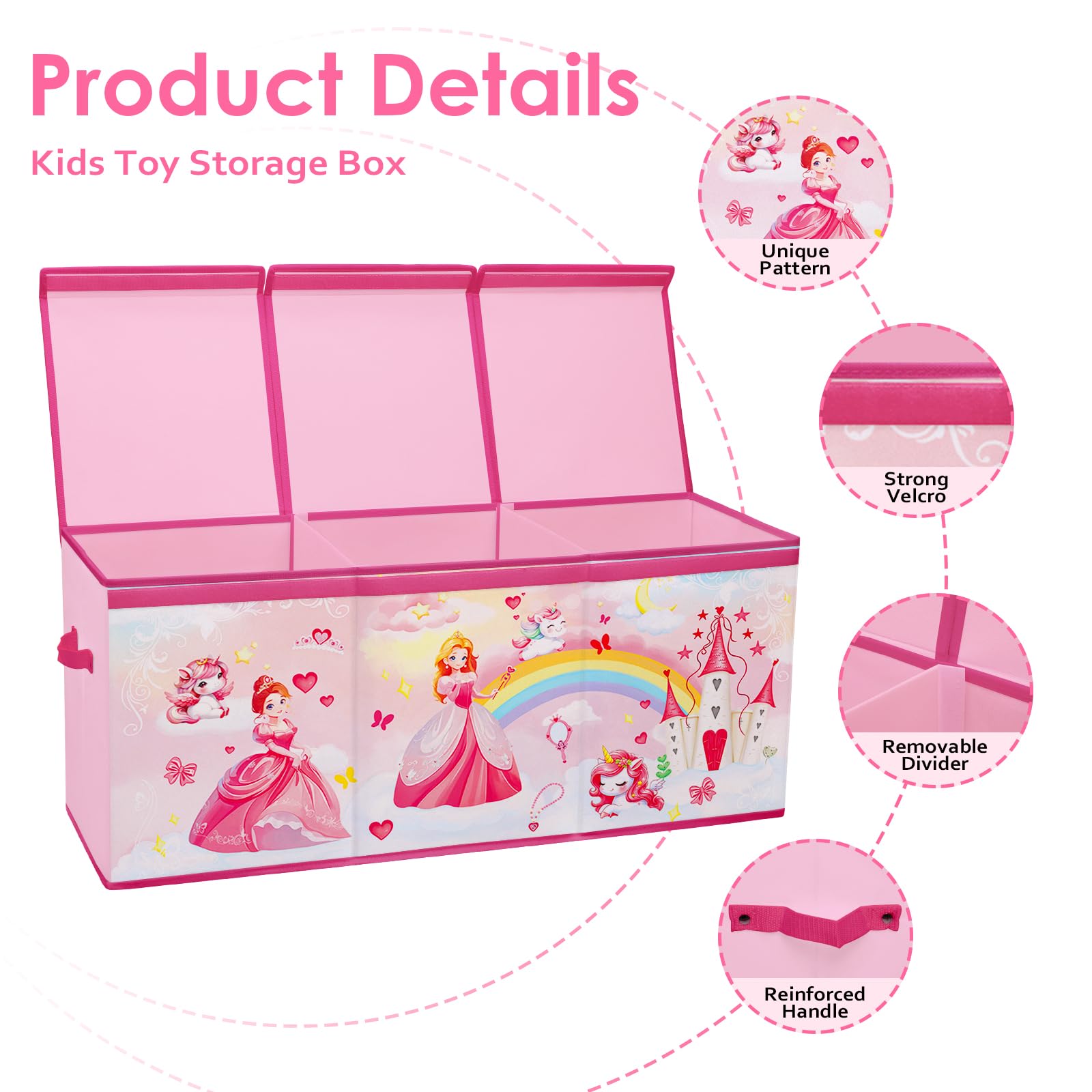 Scatola di Giocattoli Large con Coperchio Ribalta per Bambini, Contenitore Porta Giochi Pieghevole Oxford, Baule Portagiochi Impermeabile Robusto per Ragazze Ragazzi, 96×32×40cm (Principessa Unicorno)