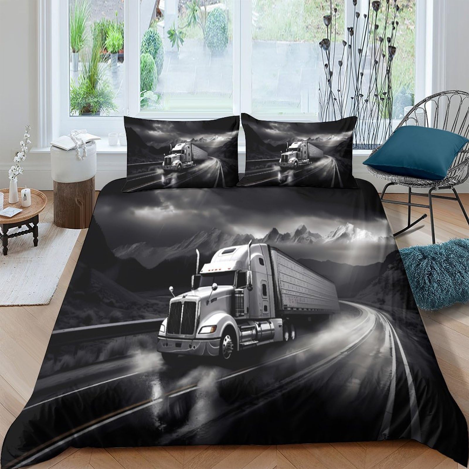 Ctjqhvkz Style-9 3D Printed Night Road Truck Fitted Sheet Microfiber Soft Black White Stormy Highway Bed Cover For Bedroom Dorm Single（135X200cm）