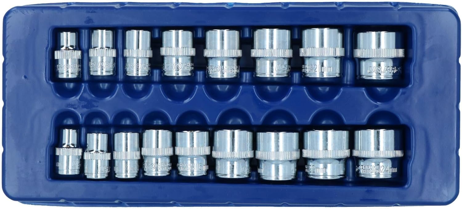 3/8" Drive Shallow Metric MM Scokets 6 Sided Single Hex 8mm - 24mm 17pc