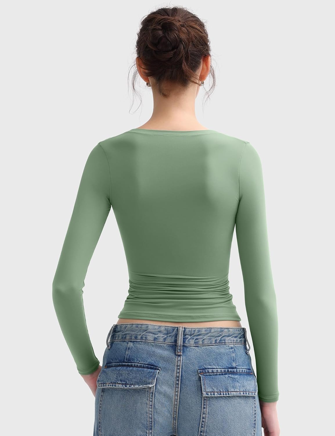 PUMIEY Women's Long Sleeve T Shirts Scoop Neck Slim Fit Going Out Tops Double Lined Basic Tee Smoke Cloud Collection - Image 5