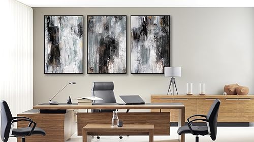 Miniatura 5 de Arte de pared abstracto enmarcado grande, pintura rústica para decoración de pared en escala de grises de 16 x 24 pulgadas, juego de 3 impresiones
