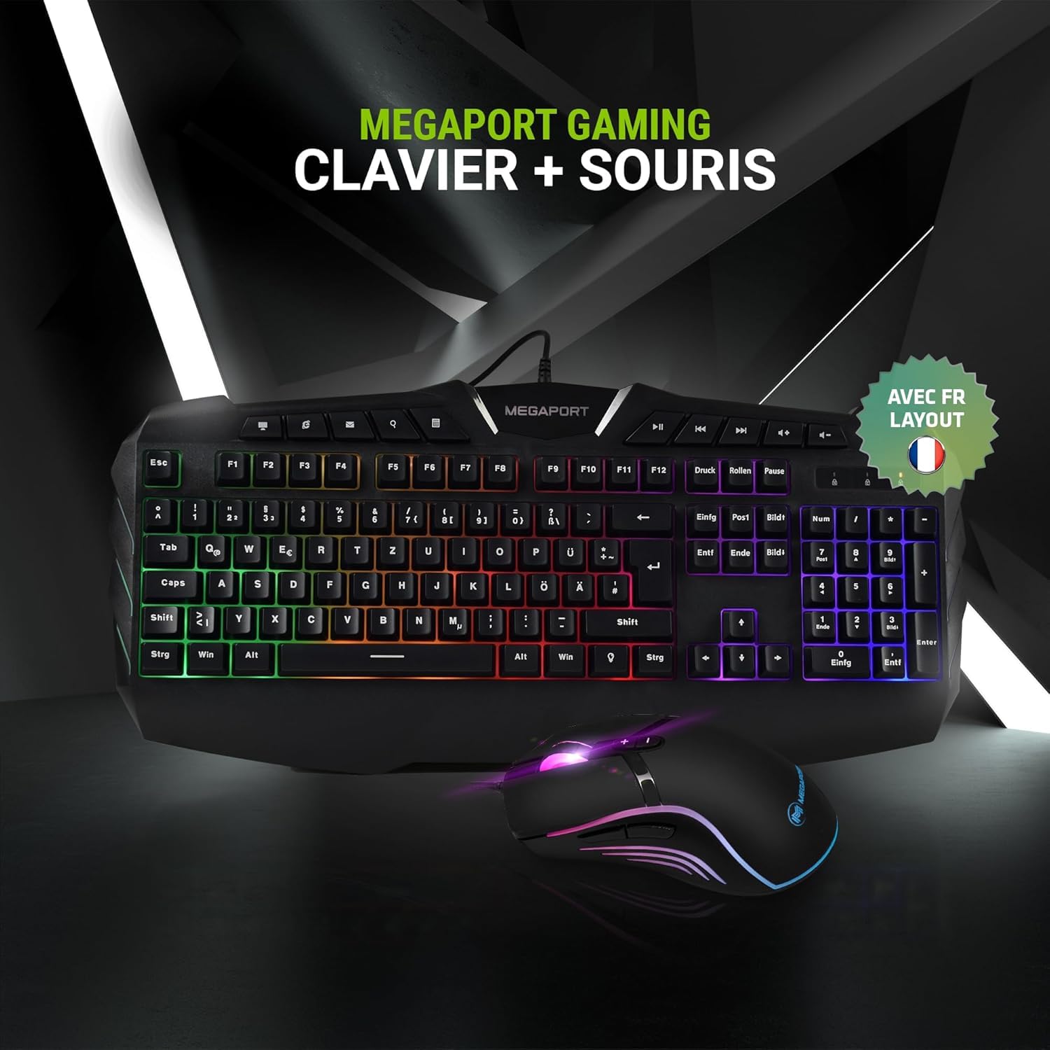 Ensemble Clavier et Souris de Jeu – Rétroéclairage LED RVB, Disposition QWERTY (FR), Souris de Jeu à 7 Boutons avec éclairage LED 4 Couleurs et DPI réglable (800/1200/1600/2400)