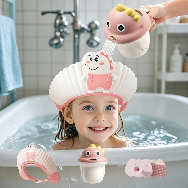 Touca de banho infantil LiLiBBShie com copo e escova massageadora, formato de dinossauro, Rosa
