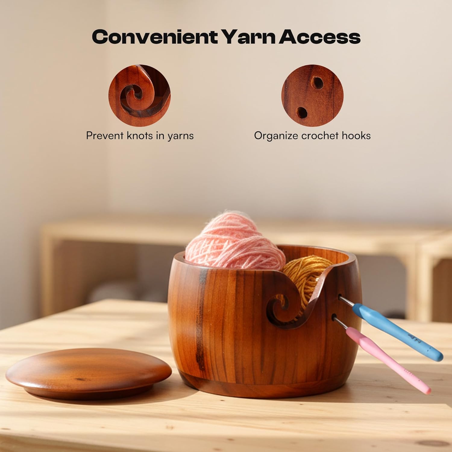 Caydo Yarn Bowl for Crocheting & Knitting, 7 x 5 in Wooden Yarn Bowl with Lid, Knitting Crochet Bowls Holder for Yarn, Crochet Accessories and Knitting Gadgets Supplies