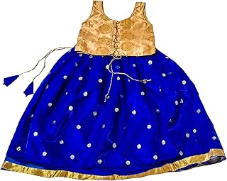 Gold Brocade & Royal Blue Net Sleeveless Lehenga Choli Set, Designer Pattu Pavadai, Kids