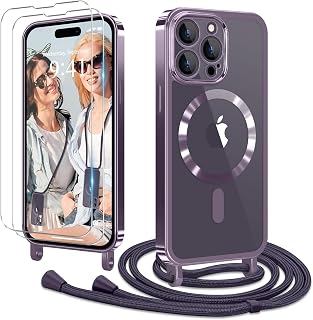 für iPhone 14 Pro Hülle mit Band + 2 Schutzfolie, Lila