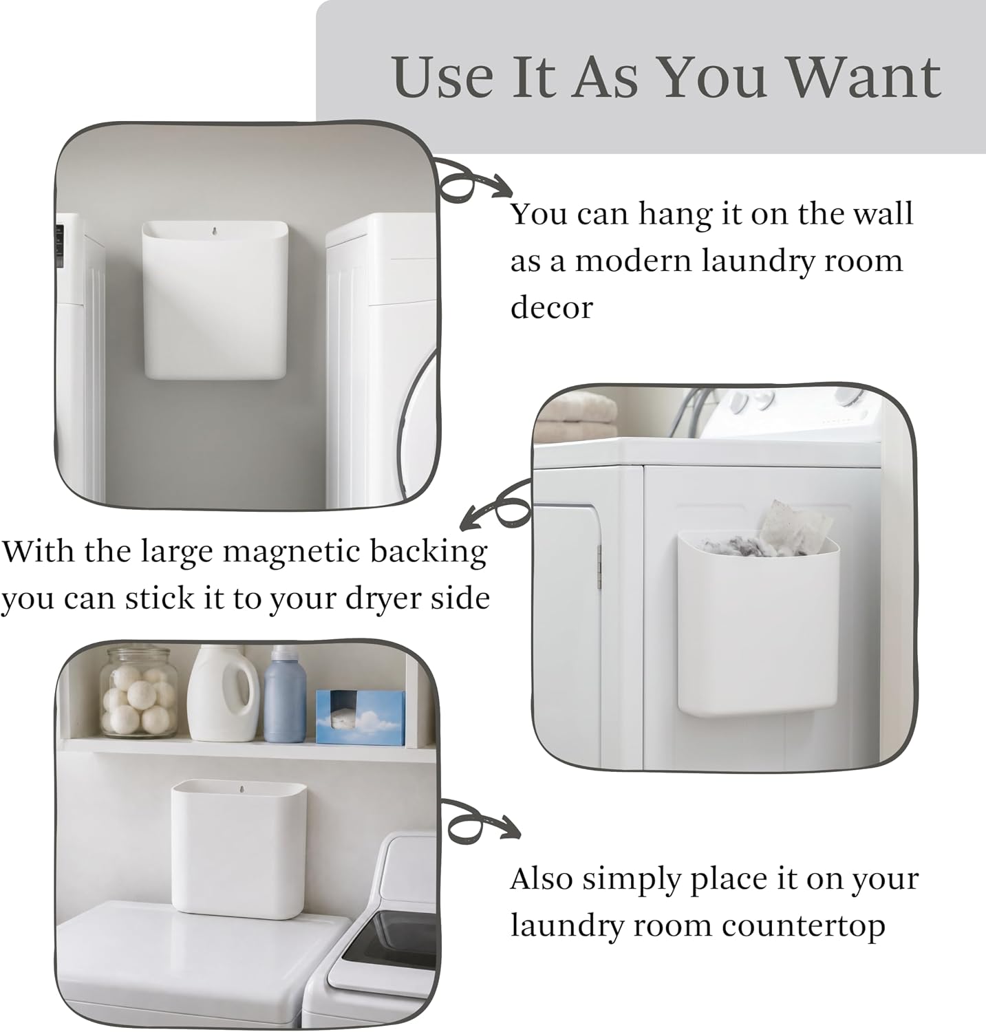 MONJITA Lint Bin for Laundry Room, Magnetic Lint Trash Can for Dryer, Modern Lint Holder, Lint Box for Laundry Room Organization, Wall Mounted Trash Can for Laundry Decor (White)