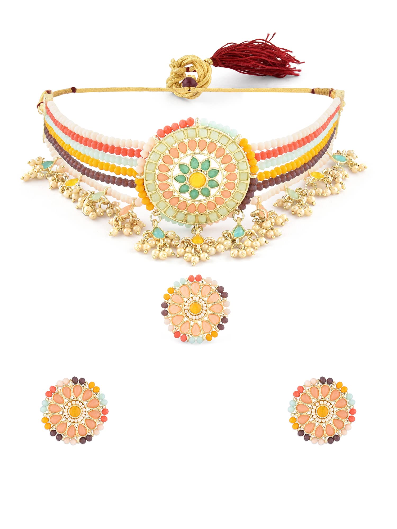 ZAVERI PEARLS Multicolor Stones Multistrand Crystal Beaded Choker Necklace Earring Ring Set For Women-ZPFK18821 (B0DCSQYWXN) Amazon Price History, Amazon Price Tracker