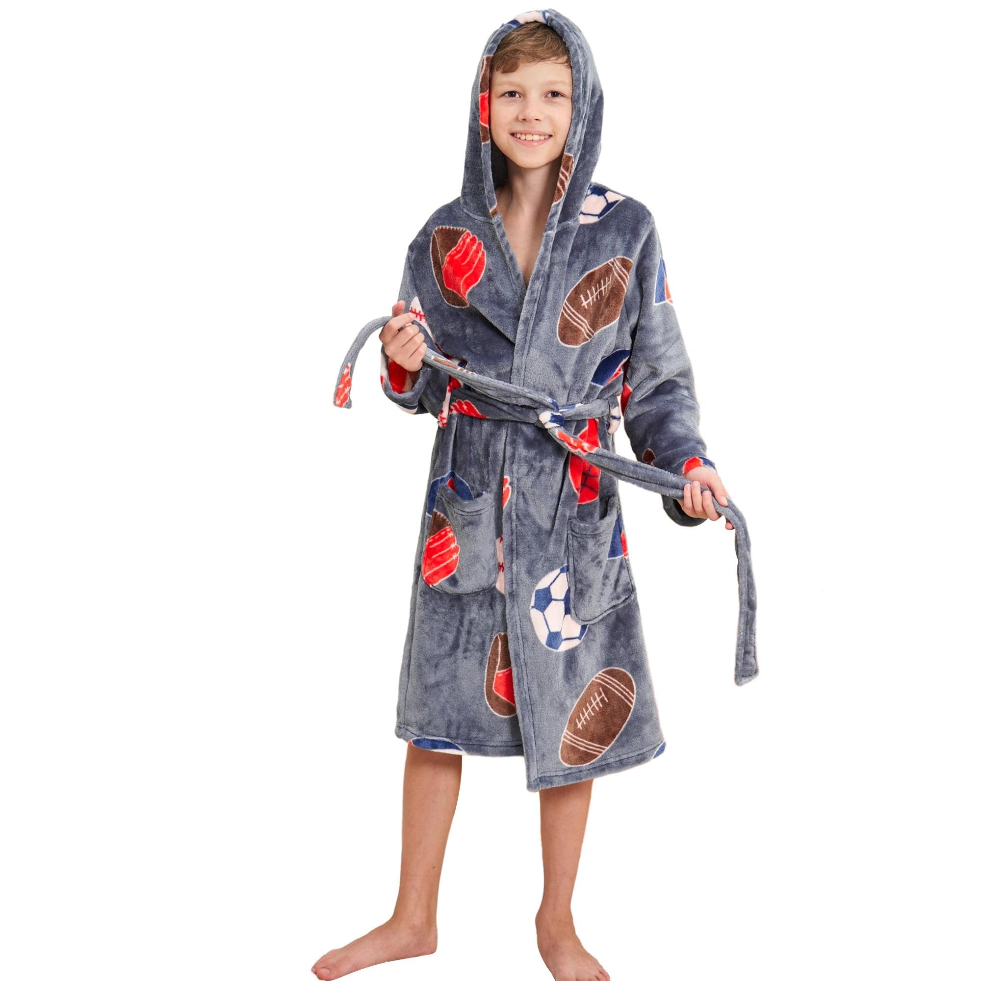 V.&amp;GRIN Boys Fleece Robe, Hooded Soft Fuzzy Bathrobe for Kids 5-14 Years
