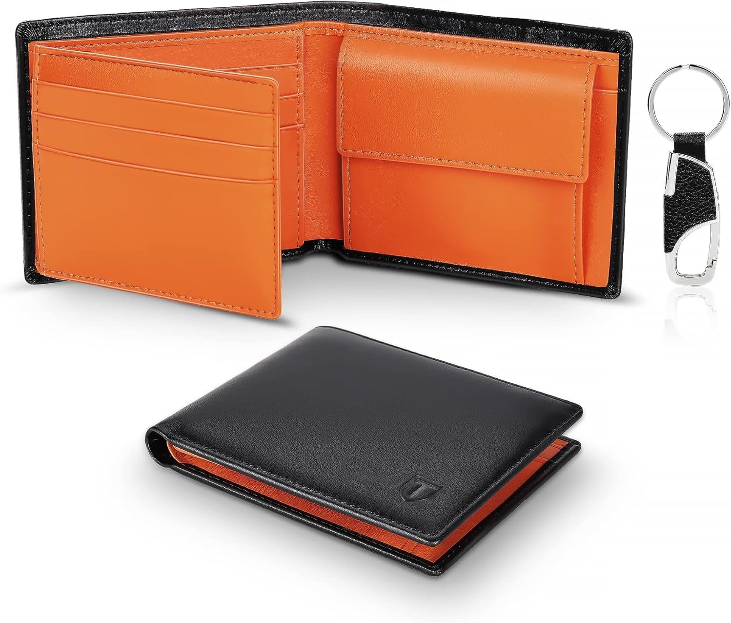 TEEHON® Wallets Mens Slim RFID Blocking Genuine Leather with Coin Pocket & Key Holder, 2 Banknote Compartments, 10 Credit Card Holders (ID Window), Wallet for Men with Gift Box-Black and Orange