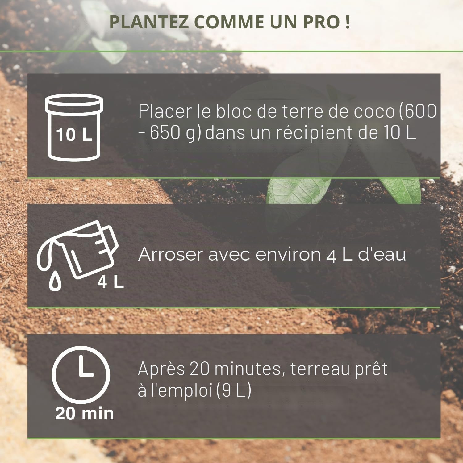 Lot de 10 Briques d'humus 90 litres de terreau pressé (10 x 650g - 90L de Terre de Coco)