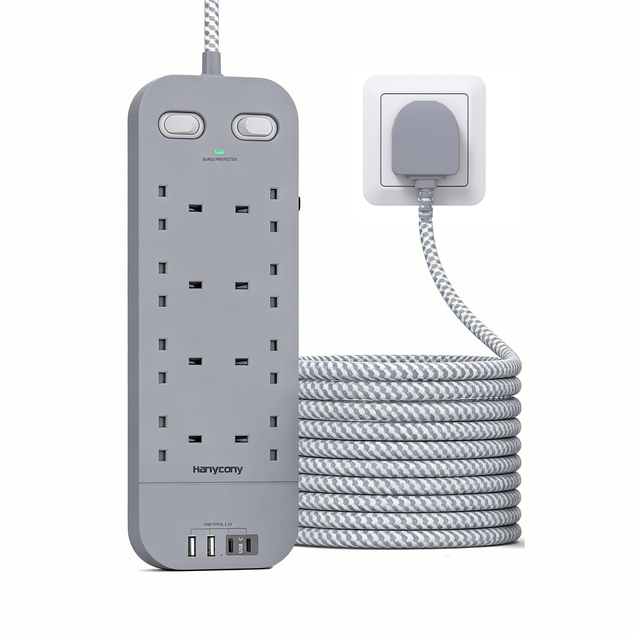 Extension Lead with 2 USB C Slots, 8 Way Outlets Power Strip with 4 USB Ports, 1800J Surge Protection Double Switch Plug Extension with 1.8M Braided Extension Cord for Home, Office — view 10