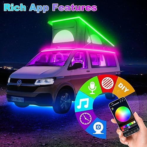 Miniatura 5 de TENDIST Tira de luces para toldo de autocaravana de 50 pies, control de aplicación de luz RGB de 12 V, impermeable IP67, iluminación LED para