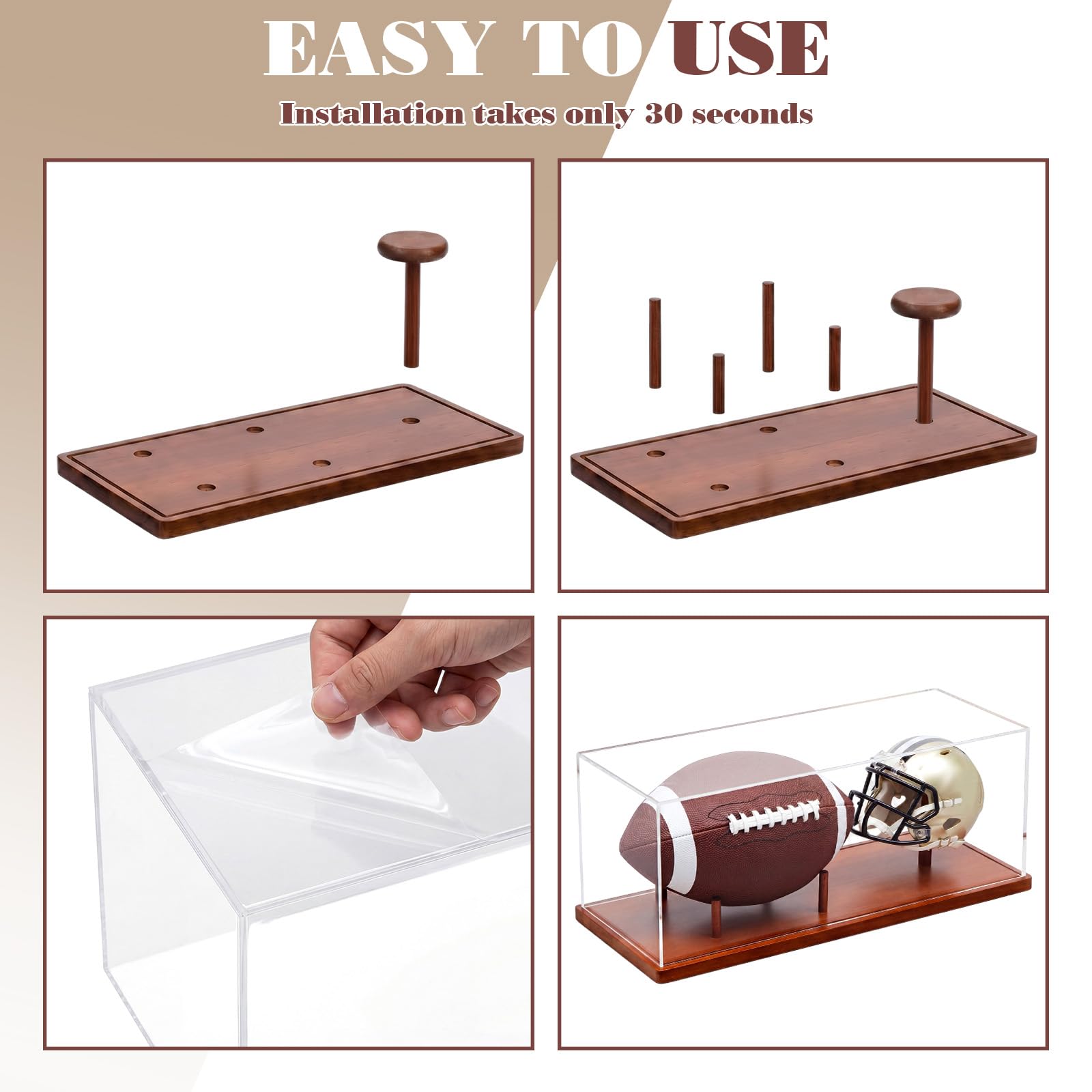 Taiyin Mini vitrina para casco de 18.4 x 6.7 x 6.9 pulgadas, caja transparente acrílica con base de madera con protección UV, no requiere montaje para recuerdos de fútbol de tamaño completo, diseño