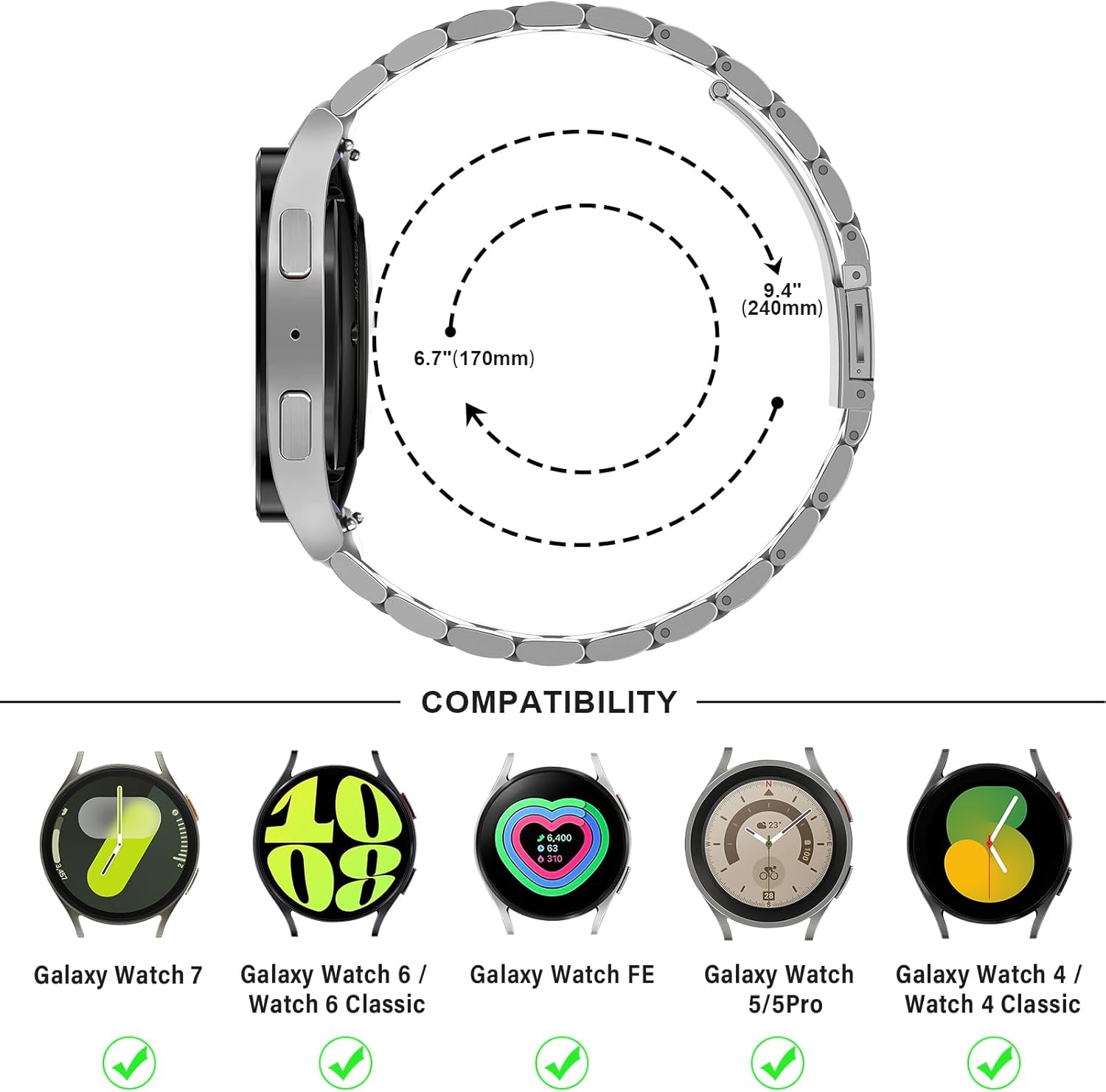 Anlinser No Gap Bands Compatible with Samsung Galaxy Watch 7/6/5/4/FE Band 44mm 40mm/Watch 6 Classic Band 47mm 43mm/Watch 5 Pro 45mm/Watch 4 Classic, 20mm Metal Strap for Women Men, Silver-Gold