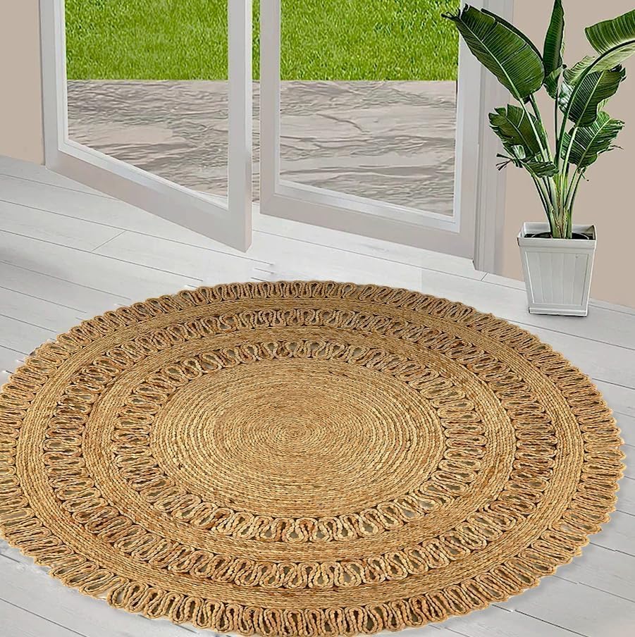 GRUHUM Handwoven Jute Area Rug 6 feet Round Natural Fibre Rustic Vintage Boho Beige Braided Reversible Rug Eco Friendly Rugs for Bedroom, Kitchen, Living Room, Farmhouse Hallways (6' Round) 6' (Round) Natural - 43