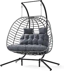 SWITTE Double Egg Swing Chair with Stand, Outdoor Patio 2 Person Hanging Wicker Hammock Chairs with Cushion for Indoor Bedroom, Lawn, Garden-Dark Grey