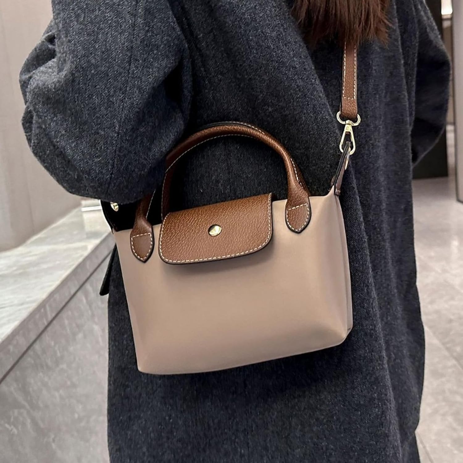 Womens Mini Crossbody Bag Dual Handle Adjustable Strap Nylon PU Leather Small Purse For Phone Wallet 9in - Image 3