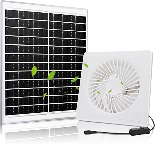 Extractor de energía solar, panel solar de 20 W, kit de ventilador de ventilación redondo de 8 pulgadas para invernadero exterior, gallinero, 36dB
