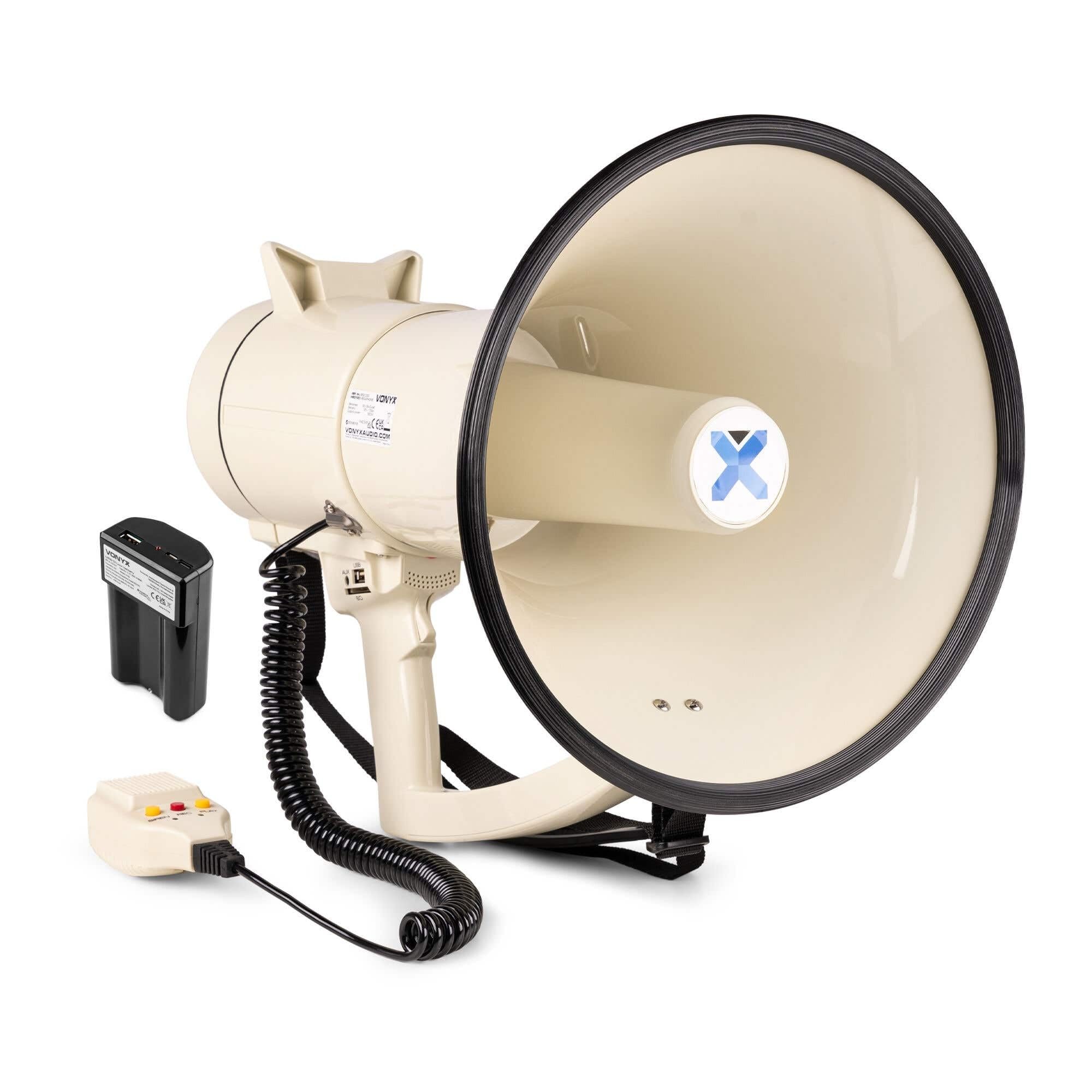 Vonyx MEG120 - Akku Megafon mit Sirene und Mikrofon, inkl. 1x Ersatz-Akku, Bluetooth, Aufnahmefunktion, 120 Watt Megaphon mit Mikrofon, bis 1600 Meter, USB, SD & AUX, Megaphon mit Umhängegurt, Beige