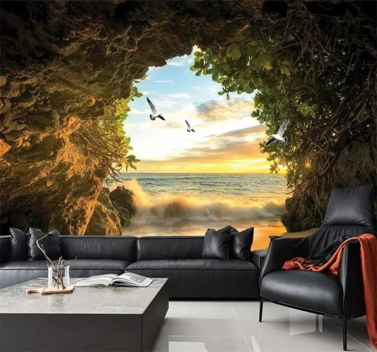 Xlming 400Cm×280Cm(B×H) Three Dimensional Cave Seagull Ocean Seascape 3D Wallpaper Premium Textured Silk Study Dining Living Room Bedroom Sofa Tv Wall Easy Install-400Cm×280Cm