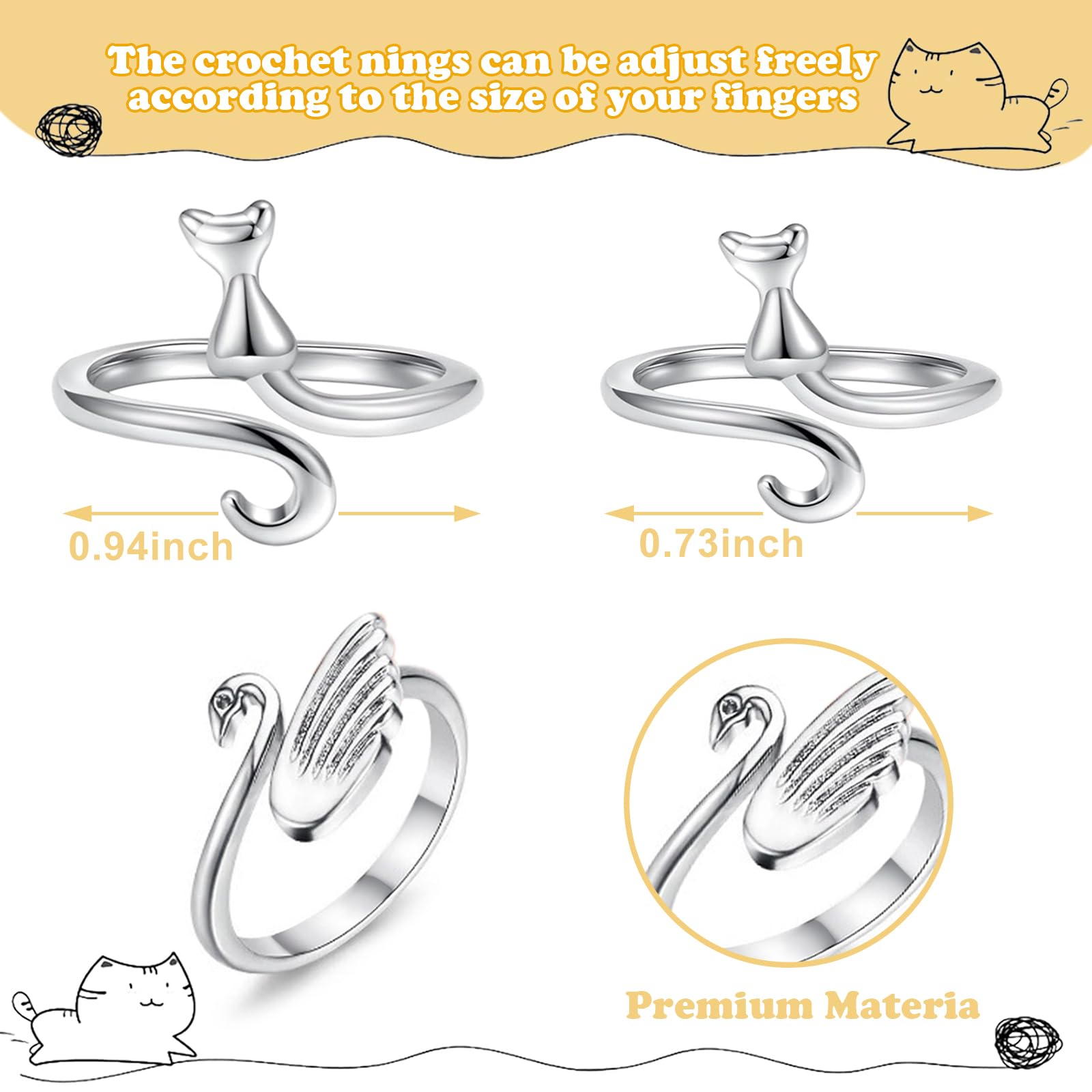 Wuffove Crochet Loop Ring: Adjustable Braided Yarn Guided Fingers Rings for Mother Gifts, Silver, 4PCS