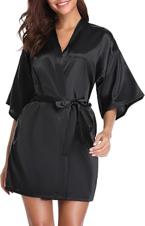 Vlazom Womens Kimono Robes Dressing Gown Satin Bathrobe Nightdress Short Style Bridal Robe