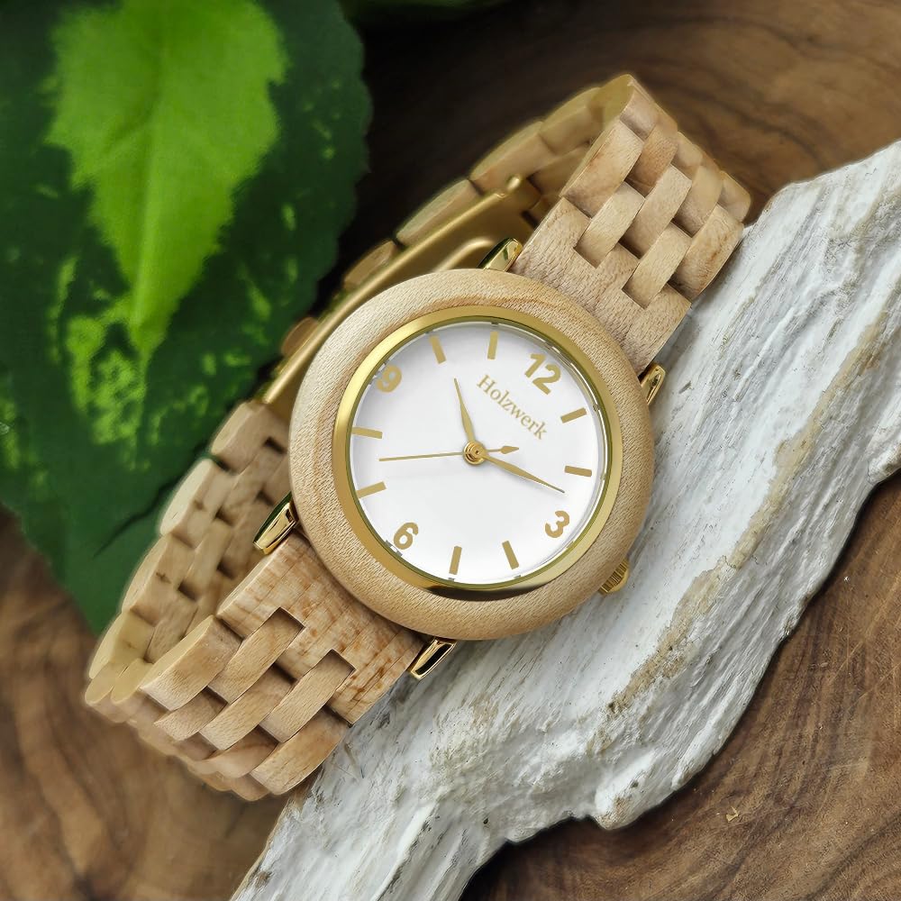 Holzwerk Germany Handgefertigte Designer Damen Uhr Öko Natur Holzuhr Braun Gold Rot Holz Armband Analog Klassisch Quarz