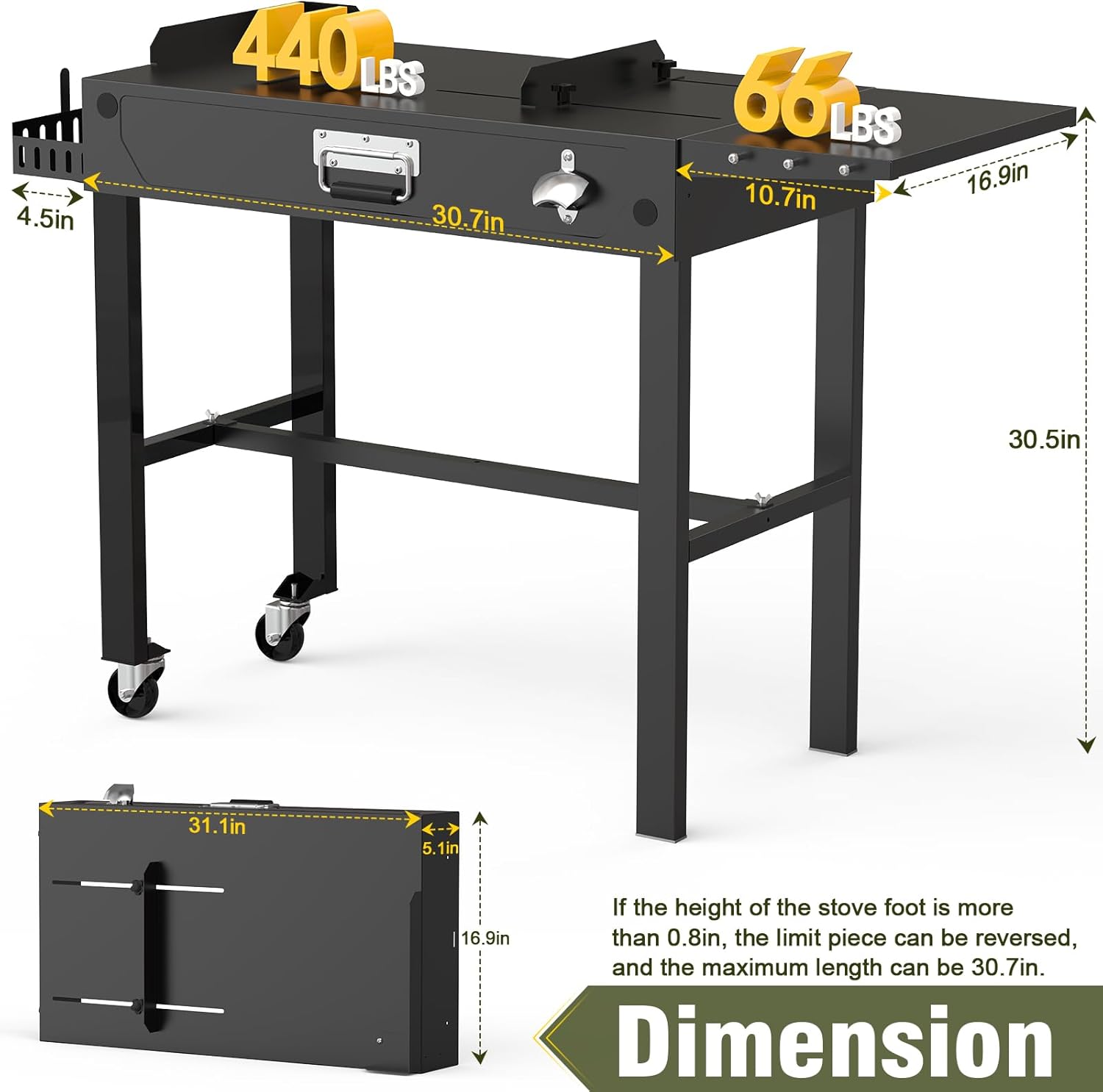Bestfire Grill Table for Blackstone Griddle 14-28", Foldable Grill Cart with Wheels, Portable Outdoor Kitchen Prep Table with Seasoning Tray & Tool Hooks for Camping & BBQ