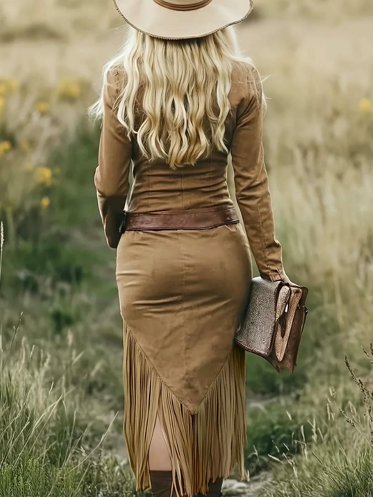Vestito Donne Occidentale Suede Fringe Maxi Abito, Manica Lunga Zip-up Bodycon Abito con Tassel Hem, Retro Cowboy Style Abito-Khaki-s