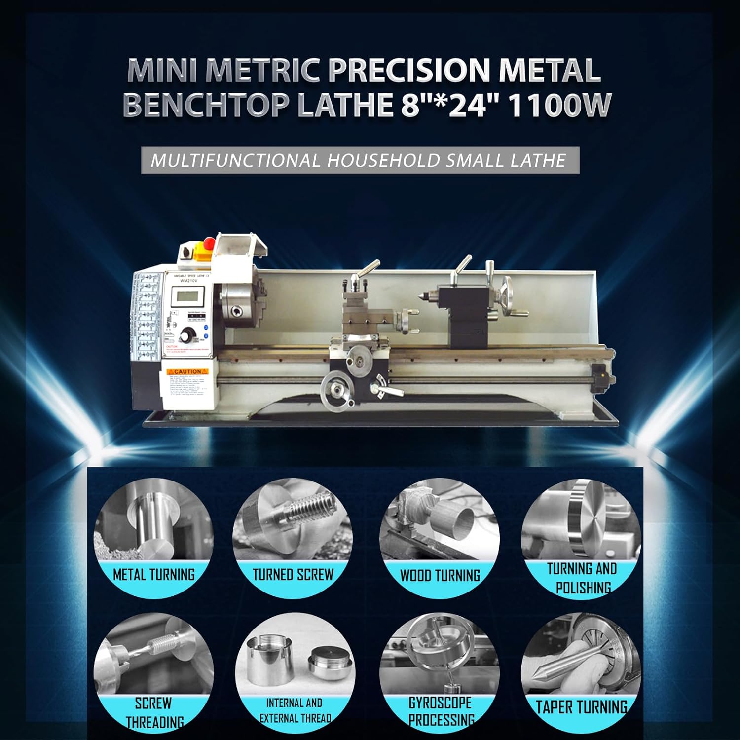 8"x24" Mini Lathe Metric Precision Metal Bench Lathe 1100W DIY Brushless Motor Variable Speed Lathe 110V WM210V