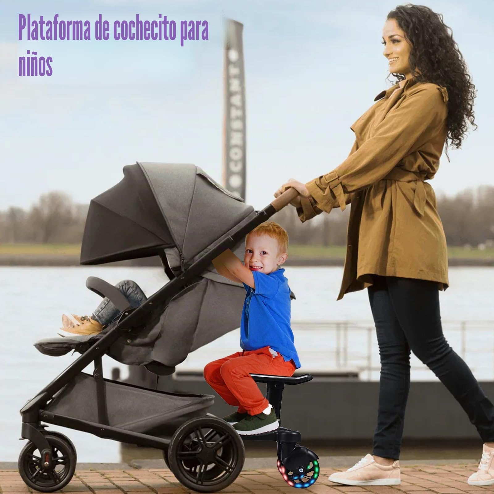 Patinete Carro Bebe Universal, Buggy Board con Asiento y Ruedas LED, Accesorio para Cochecito, Para Niños de 2 a 6 Nños, Cargar 25KG