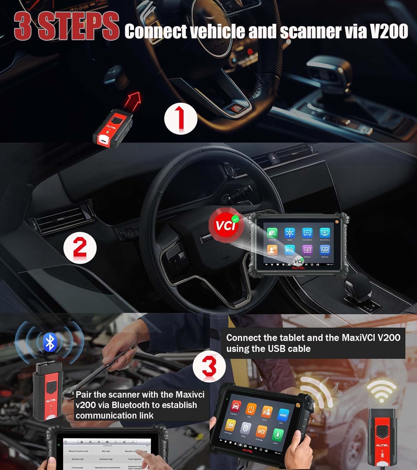Autel MaxiVCI V200 Vehicle Communication Interface OBD2 Connector Bluetooth Adapter Work with MS906PRO MK906PRO TS ITS600 KM100 BT608 BT609 Wireless VCI200 Diagnostic DoIP CAN FD