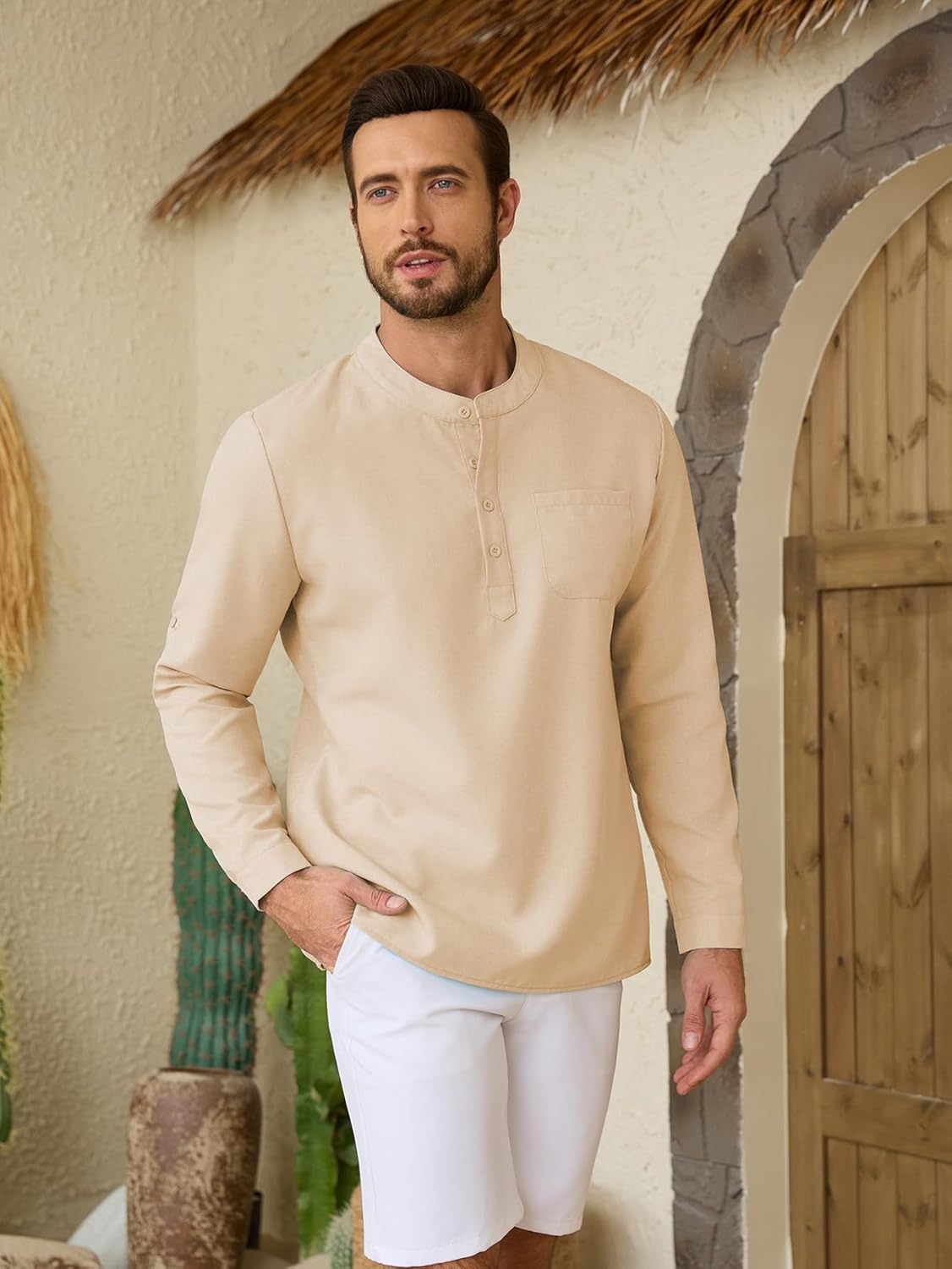 Mens Henley Shirts Long Sleeve Dress Shirt Business Work Office Shirt Summer Beach Cocktail T-Shirts with Pocket - Image 2