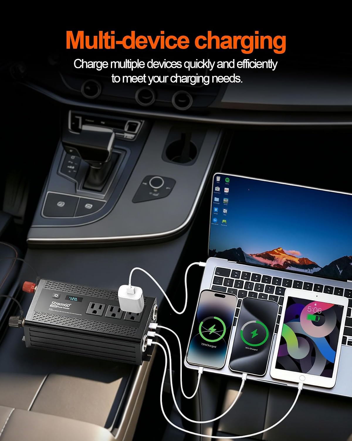 1000W Power Inverter for Vehicles, 12V DC to 110/120V AC Car Inverter with 3 AC Outlets, USB 24W/ PD 30W Fast Charger. (1000w-black) image 3