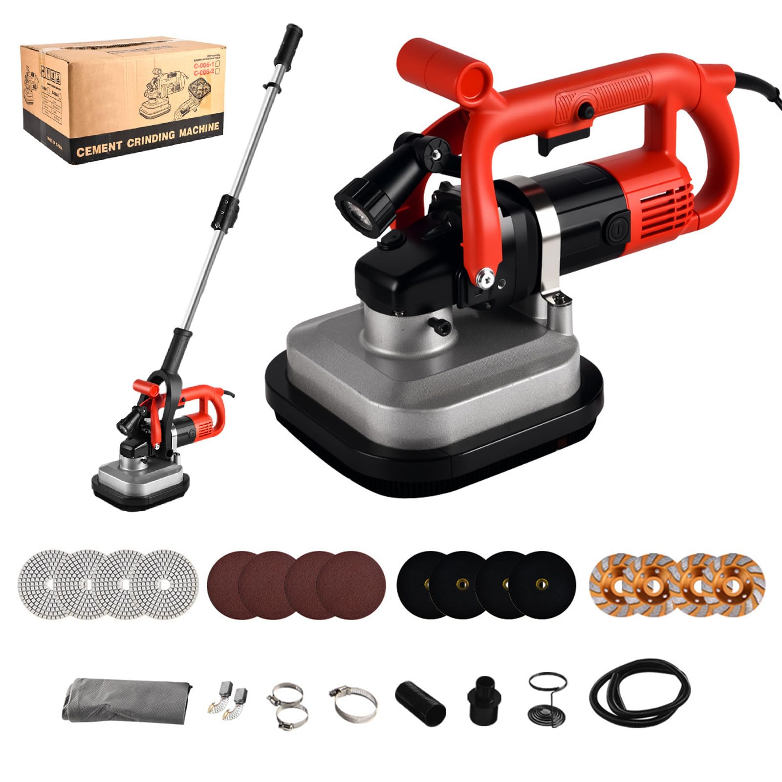 Machine à Ponceuse et Polisseuse de Sol 3600W : 6 Vitesses Réglables, Tête à Quatre Axes, avec Bague Aspirante, Poignée Auxiliaire et Meule Diamant pour Béton, Ciment et Marbre ExtensionRod