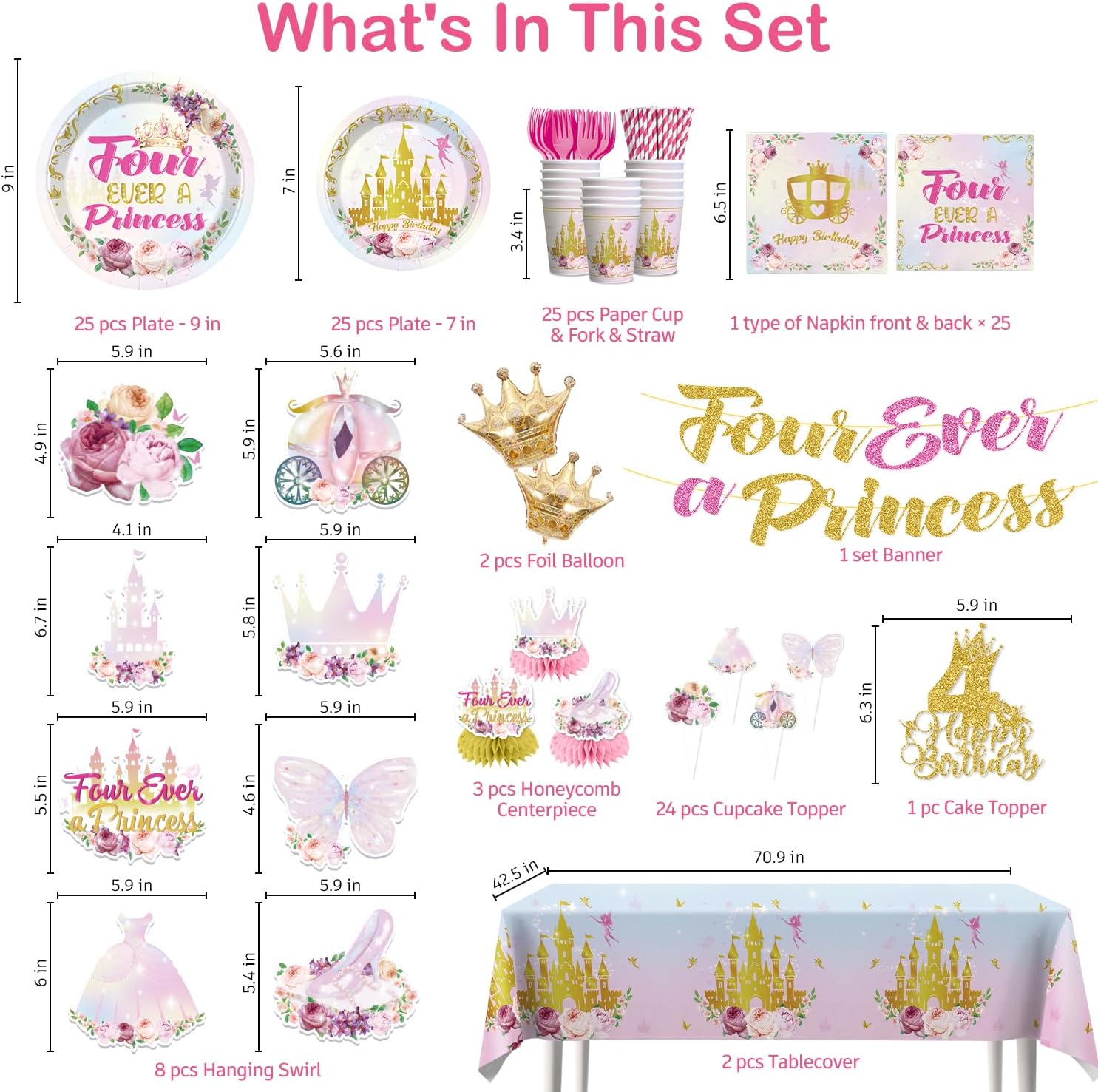 Xynic 201Pcs Four Ever a Princess Birthday Decorations Tableware Set Serves 25, Princess party Supplies Includes Banner, Plates, Tablecloth, Cake Topper, for 4th Birthday Decorations girl