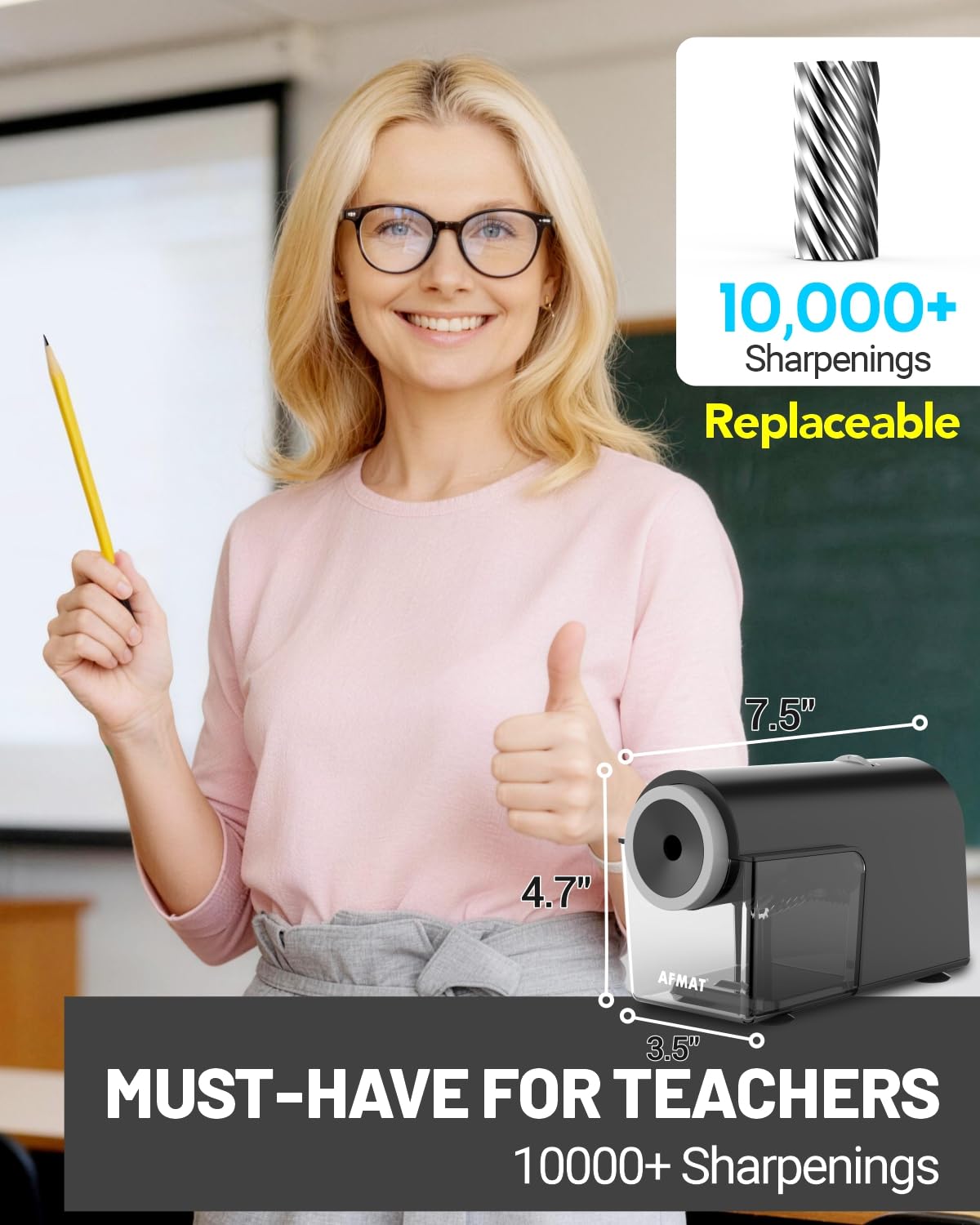 AFMAT Elektrischer Bleistiftspitzer, vollautomatischer Bleistiftspitzer für 6,5–10,5 mm Nr. 2/Jumbo/Buntstifte, automatisches Ein- und Ausschalten, 5 Schärfemodi, 10.000+ Spitzungen für Klassenzimmer