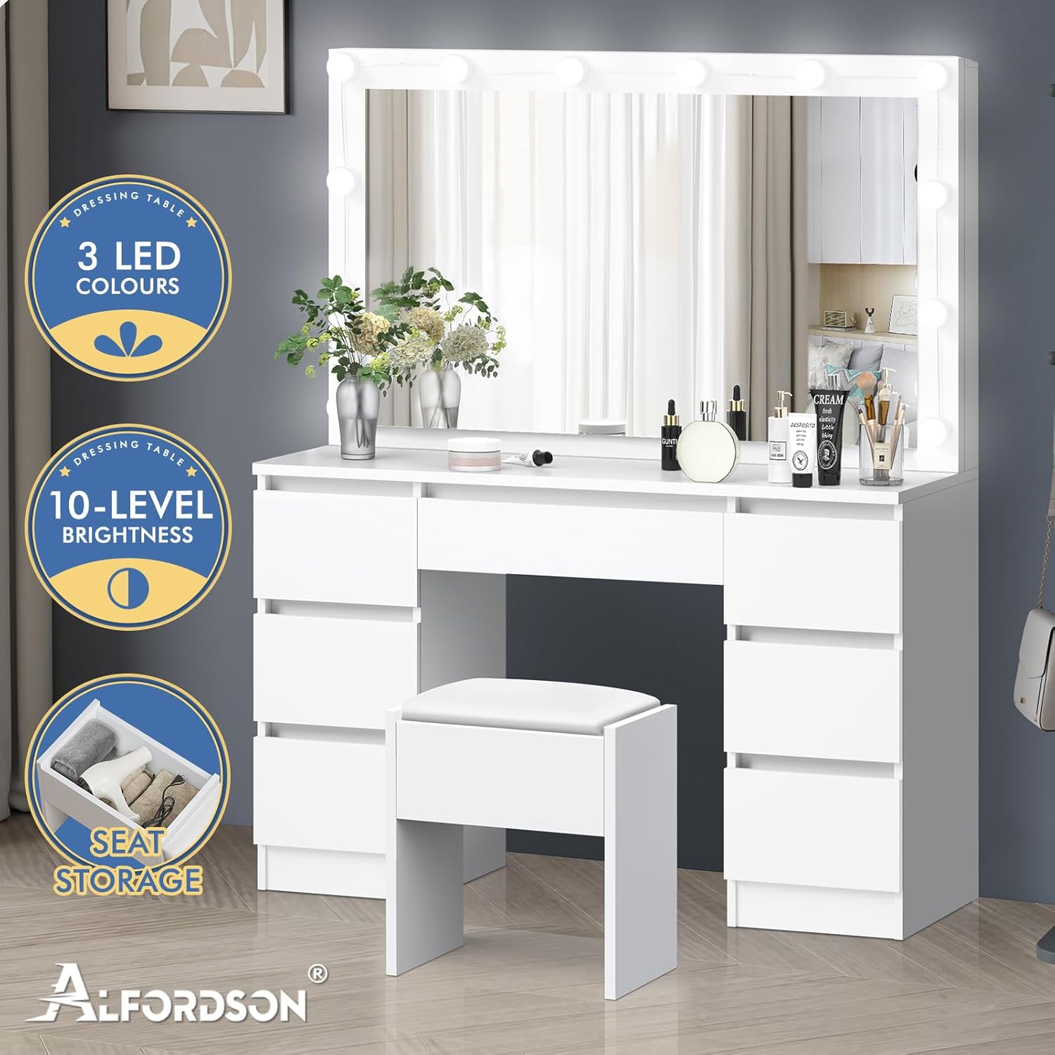 White Dressing Table Stool Set with Mirror, Storage Drawers and Chair, Makeup Mirror Desk with 12 LED Bulbs Adjustable Brightness Levels, Dresser Vanity Table Organiser for Dressing Room