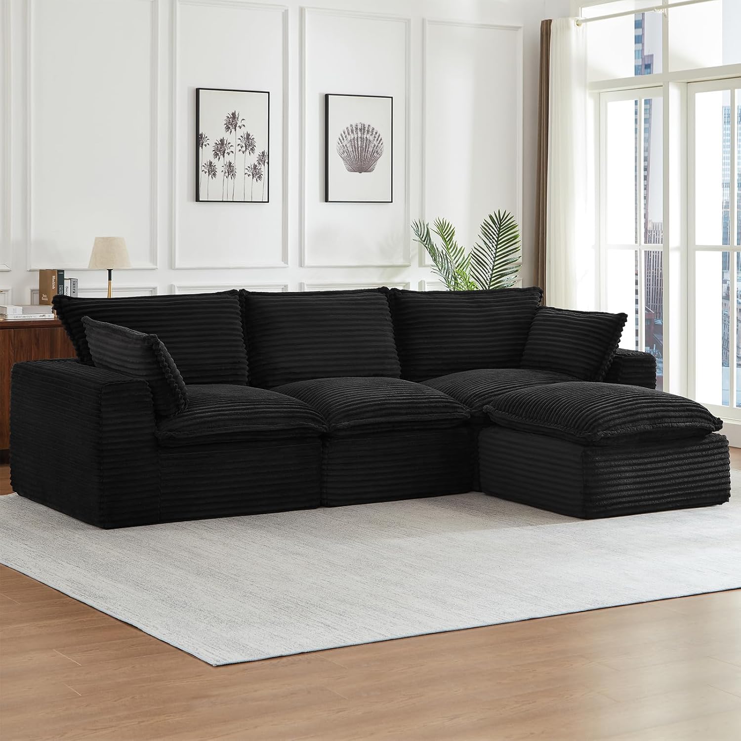 Convertible Modular Sectional Cloud Couch, Comfy Corduroy Loveseat Boneless Couches with Deep Seat, Modern Upholstered 2 Seater Sofa with Ottoman for Living Room (Black, Loveseat)