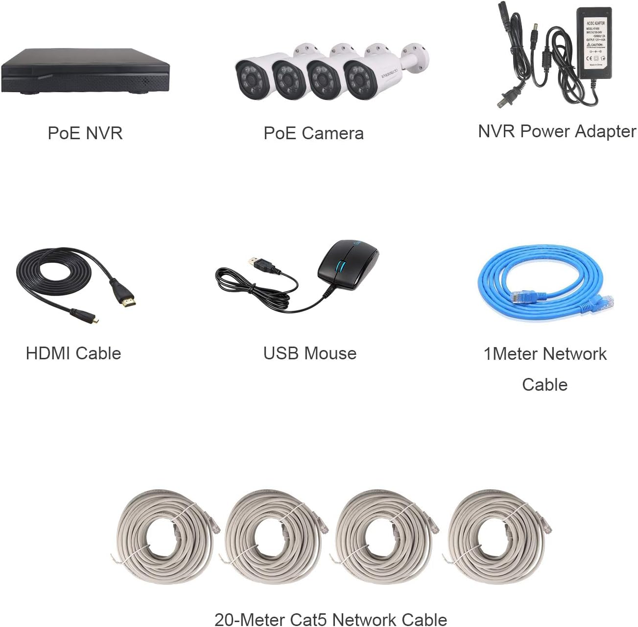 Contents of the EVERSECU 3MP PoE Home Security Camera System package, including NVR, cameras, cables, power adapter, and mouse.