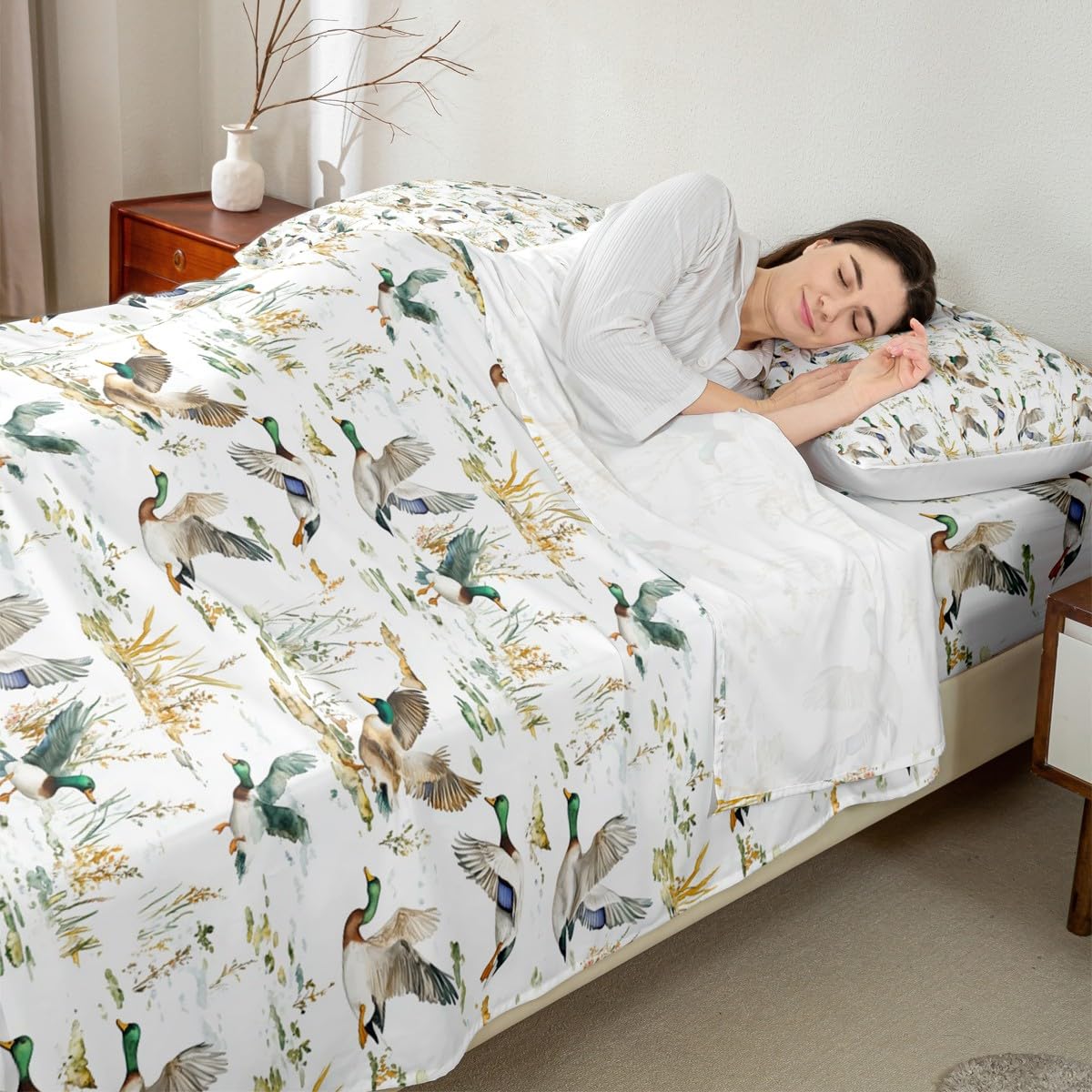 Homewish Wild Mallard Ducks - Juego de sábanas para cama de matrimonio y cabaña, diseño rústico de animales del bosque, caza y pesca, 4 piezas
